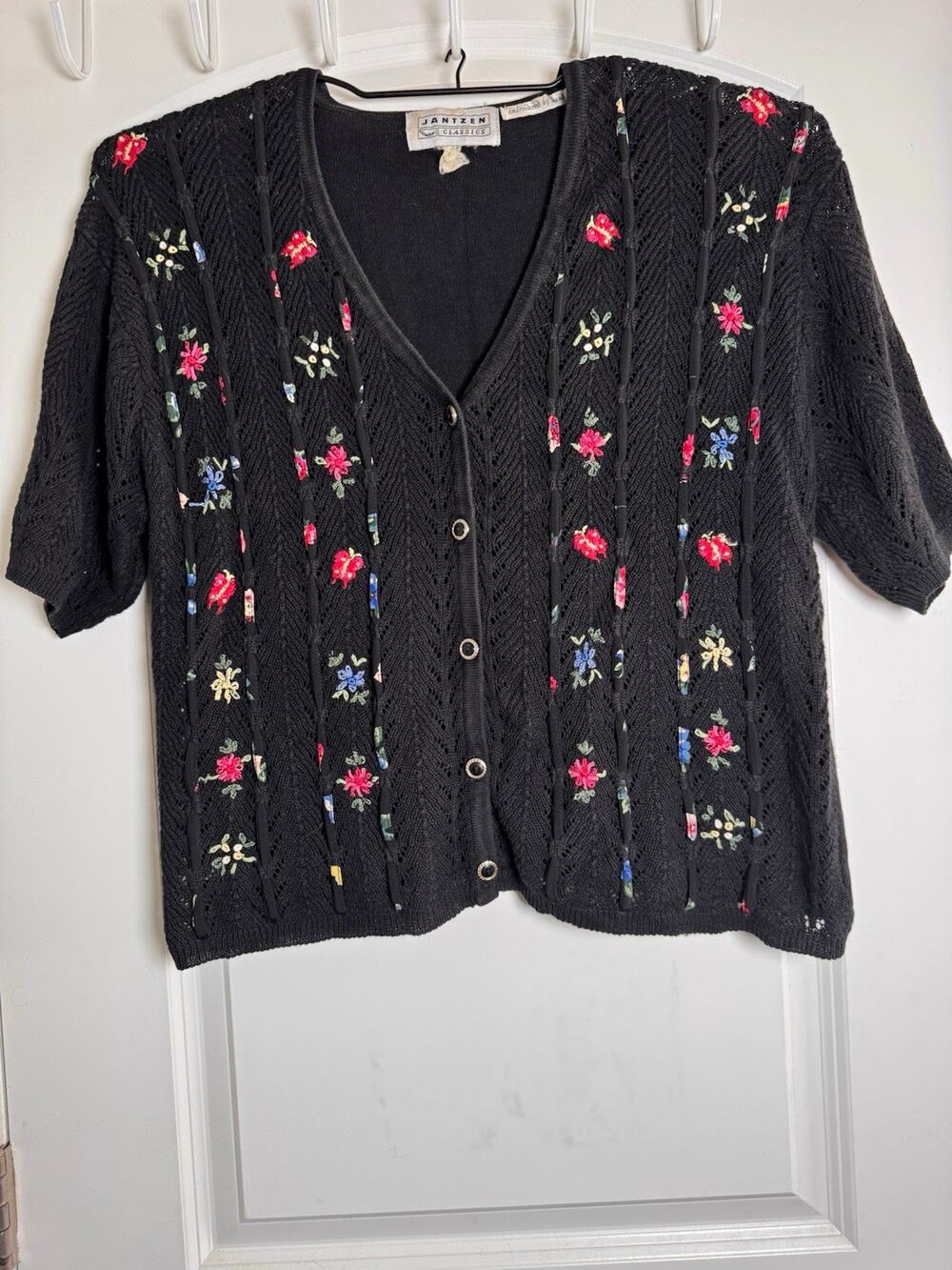 Vintage Jantzen Classics Cardigan XL Black Embroidered Floral Grandmacore